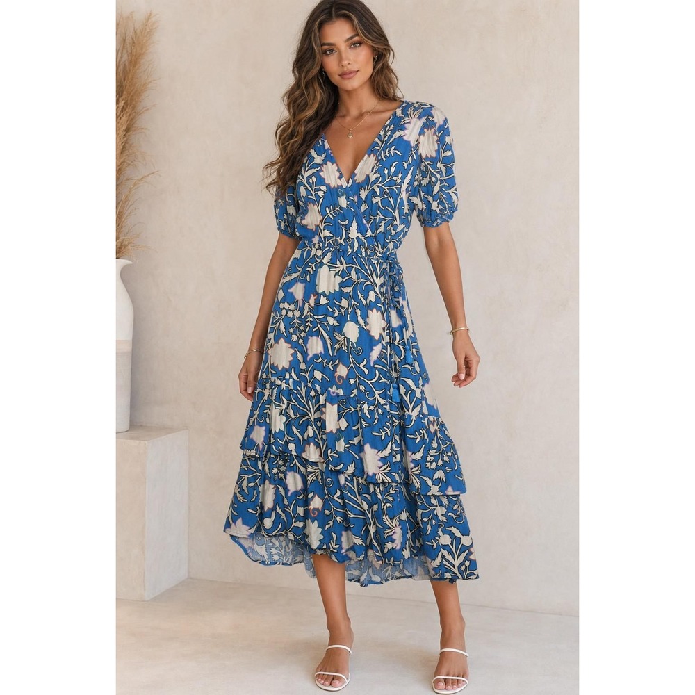 Knox Rose Wrap Dress Womens L Blue Floral Boho Cottagecore Festival Romantic